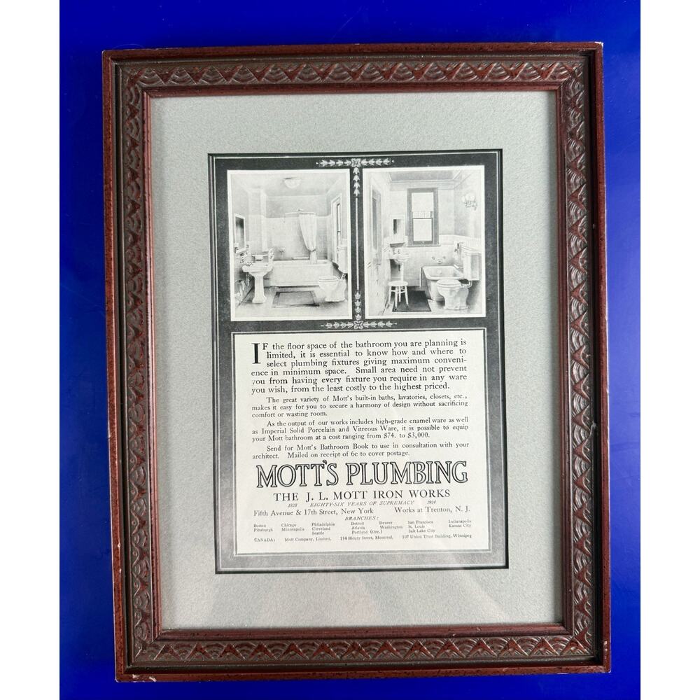 Mott's Plumbing Framed Art Print Bathroom Decor Retro Antique 1914 Advertisement